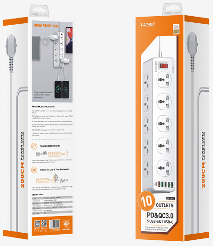 10X6 Universal Power Extension With USB A / C / QC / PD Charging Ports