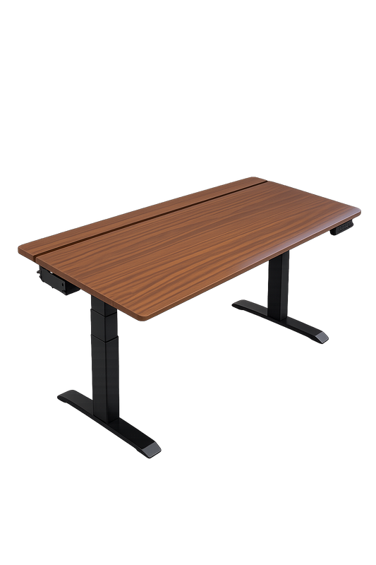 Height adjustable desk with black metal legs on a white background
